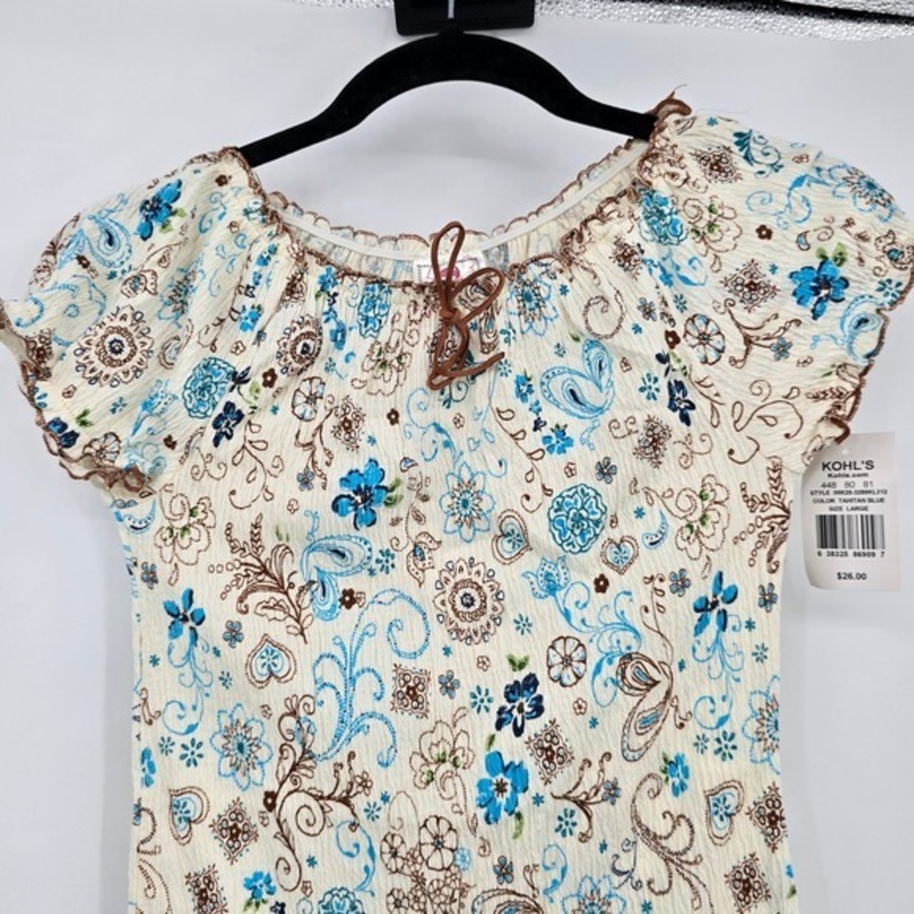Knitworks Girls Cream Blue Brown Floral Ruffle Tiered Short Sleeve Top‎ Large - Picture 3 of 9